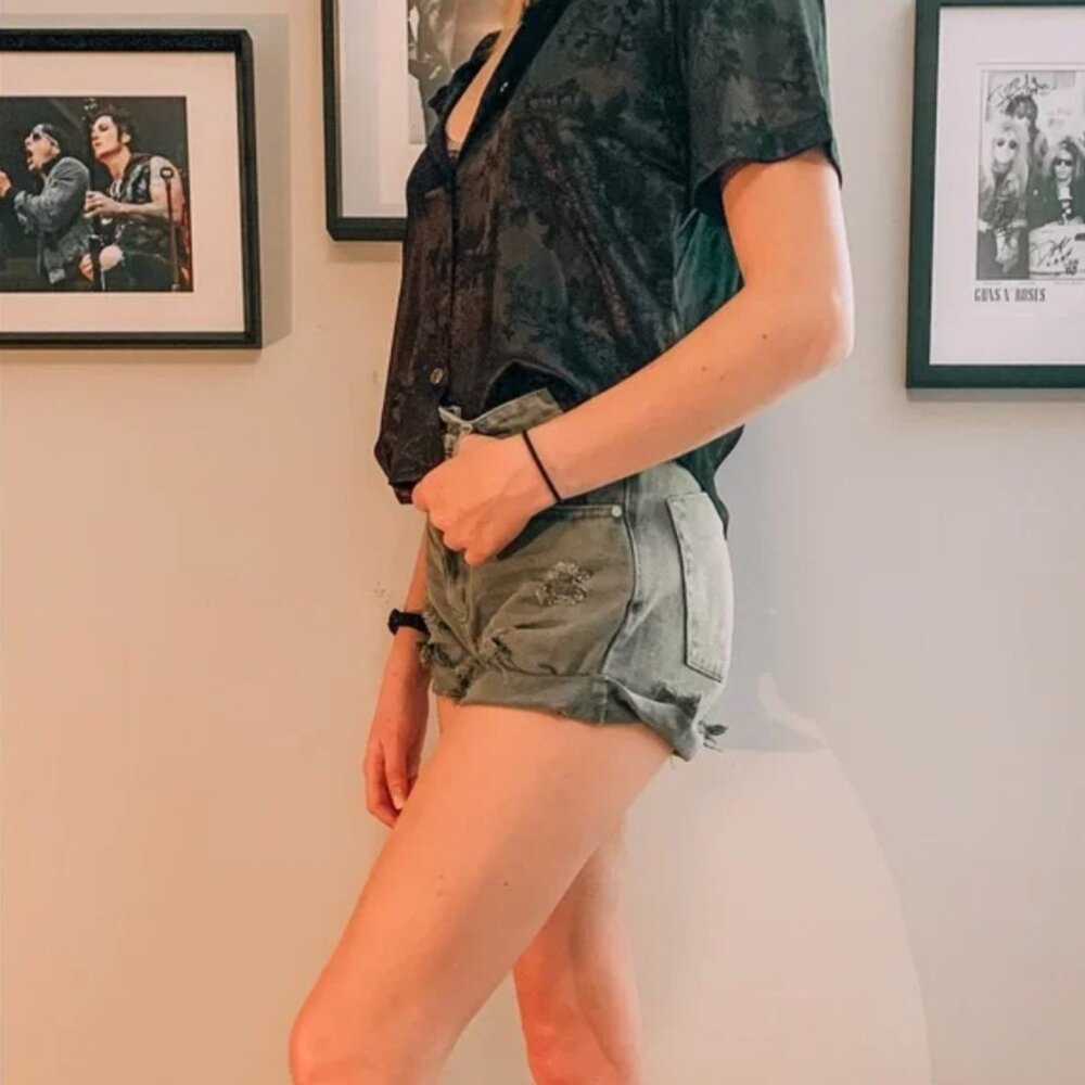 Mustard Seed Distressed Olive Green Denim Shorts - Picture 6 of 6